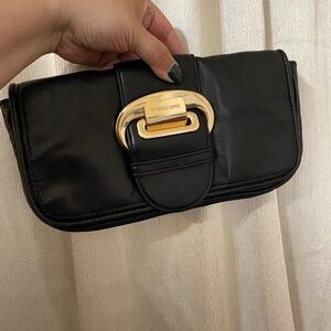 Michael Kors Black Leather Clutch with Gold Hardware Buckle
